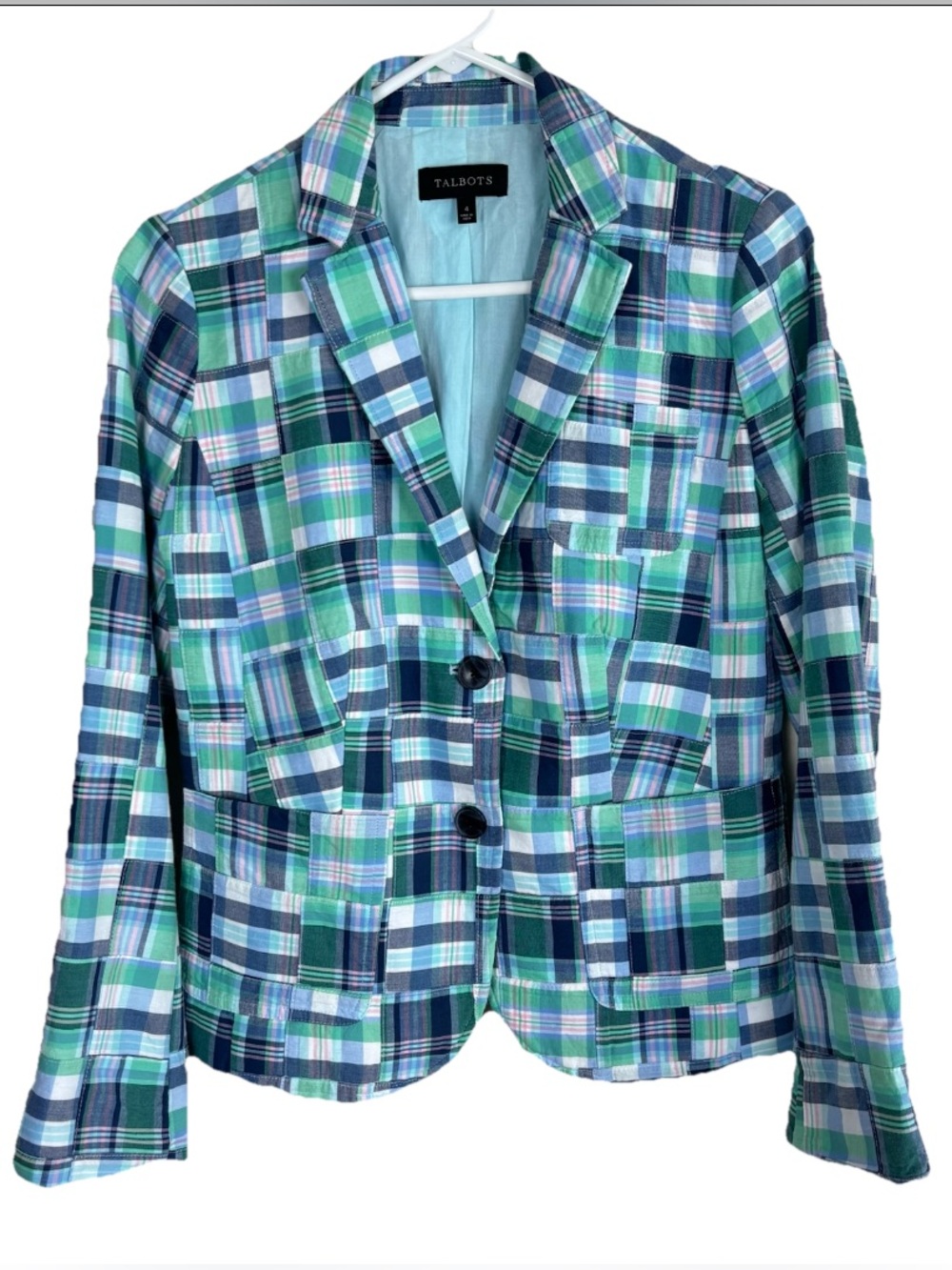 Talbots Summer Blazer Size 4 Madras Plaid Patchwork 100% Cotton Coastal Preppy - Picture 3 of 9